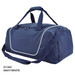 A navy and white duffle bag with dual handles, a shoulder strap, and a zippered compartment. It features a logo.