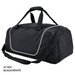 A black and white Hurley sports duffle bag with shoulder strap and top handles, featuring a logo.