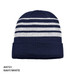 Acrylic beanie in navy and white stripes, featuring a folded hem and a logo.
