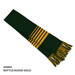 Acrylic scarf in bottle green with aussie gold stripes, featuring fringed ends. Includes a logo.