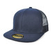 A navy blue snapback cap with a flat brim and mesh back, featuring a logo on the front.