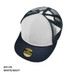 A white and navy snapback cap with a mesh back and a round branding logo on the front.