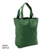 A green tote bag with two handles and a sturdy design. It features a logo on one side.