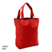 A red tote bag with two handles and a logo displayed on the side.