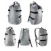 A silver backpack with multiple compartments, featuring black straps and a logo. It has a sleek, modern design.