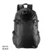 A black backpack with a hexagonal pattern, featuring adjustable straps and side mesh pockets. It has a logo present.