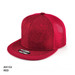A red cap featuring a structured design and a mesh back, with a logo on the front.