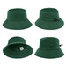 A green KINDY hat in multiple views, featuring a wide brim and an adjustable drawstring. It has a branding logo.