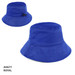 A blue bucket hat with a wide brim, featuring a logo and adjustable string.