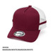 A maroon trucker cap with white mesh panels and a logo, featuring a solid maroon front.