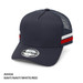 A navy trucker cap featuring striped accents in white and red, with a mesh back and a logo on the front.