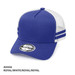 A blue and white A-Frame Striped Trucker Cap with a mesh back and a logo on the front.