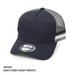 A navy and grey striped trucker cap featuring a mesh back and a logo on the front.
