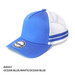 A blue cap with a mesh back, featuring two white stripes and a logo on the front.