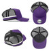 A purple and black striped trucker cap featuring mesh panels and a logo. The cap displays a classic A-frame design.