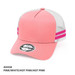 A pink and white trucker cap with hot pink stripes and a logo on the front.