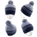 A navy and grey striped beanie with a pom-pom on top, displayed from multiple angles. It has a logo visible.