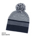 A navy and white striped beanie with a pom-pom on top and a logo.