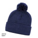 A navy beanie with a pom-pom on top and a folded cuff, featuring a logo.