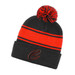 A black beanie with red stripes and a pom-pom on top, featuring a logo on the front.
