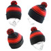 A black beanie with red stripes and a pom-pom on top, displayed from multiple angles on a mannequin.