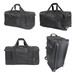 A wheeled bag in black with multiple compartments and handles, featuring a sturdy base for stability.