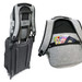 A grey anti-theft backpack with a retractable handle and hidden pocket containing cash and a passport.