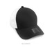 A black and white trucker cap made of polyester and mesh, featuring a logo on the front.