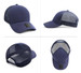 A navy nylon and mesh cap featuring a logo, with panels for breathability and an adjustable strap.