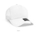 A white cap featuring a mesh back and a logo on the front.