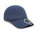 A blue cap made from 100% polyester featuring a logo and a textured surface.