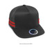 A trucker cap featuring a black front, grey mesh sides, and red stripes. It includes a logo on the front.