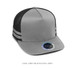 A cool grey and black trucker cap with a mesh back and three stripes. It features a logo on the front.
