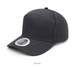 A black polycotton cap featuring a structured three-panel design and a circular logo.