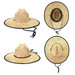 A straw hat with a wide brim and a black trim, featuring a chin strap for secure wear.