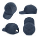 A navy cap featuring perforated detailing, with various angles displayed. It has a logo on the front.