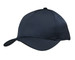 A navy blue cap with a curved brim and a smooth fabric finish, featuring a logo on the front.