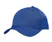 A blue sports cap with a curved brim and a logo on the front, featuring a smooth twill fabric.
