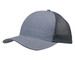 A grey cap featuring a brushed poly cotton marle front and honeycomb mesh side panels, complete with a logo.