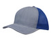 A cap in light brushed poly cotton marle with a blue honeycomb mesh side panel and curved brim. It features a logo.