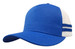 A blue trucker cap featuring a mesh back and three white stripes on the side, including a logo.