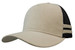 A beige trucker cap with a black mesh back and three striped accents. Features a curved brim and a logo.