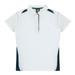 A white polo shirt with navy side panels and a collar, featuring a logo on the chest area.