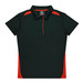 A dark green polo shirt featuring red accents on the sides and shoulders, with a collar and buttons.