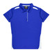 A blue polo shirt with white side panels and a collar, featuring a logo on the front.