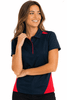 A navy and red polo shirt featuring a logo, designed for women. Stylish and sporty design.