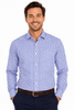 A long sleeve button-up shirt in blue and white gingham pattern, featuring a branded logo.