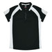 A black and white polo shirt with a collar and short sleeves. Features a logo on the front.