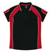 A black and red polo shirt featuring a logo, with short sleeves and contrasting piping details.