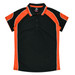 A black and orange polo shirt with short sleeves and a collar, featuring contrasting panels and a logo.